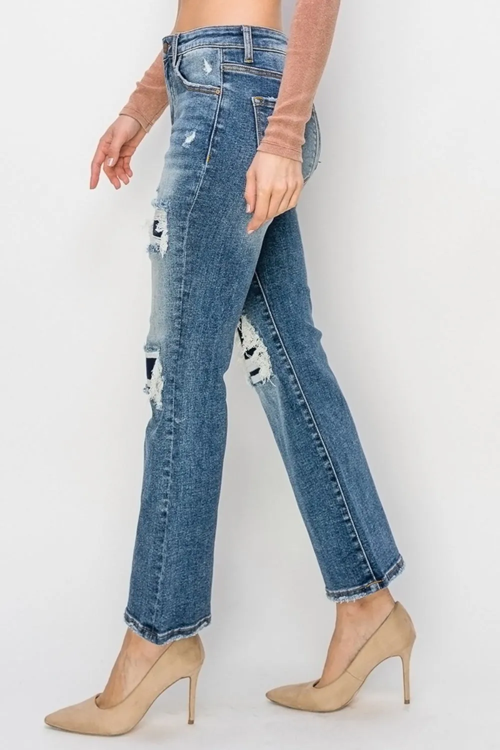Krista High Rise Distressed Contrast Patch Kick Flare Jeans