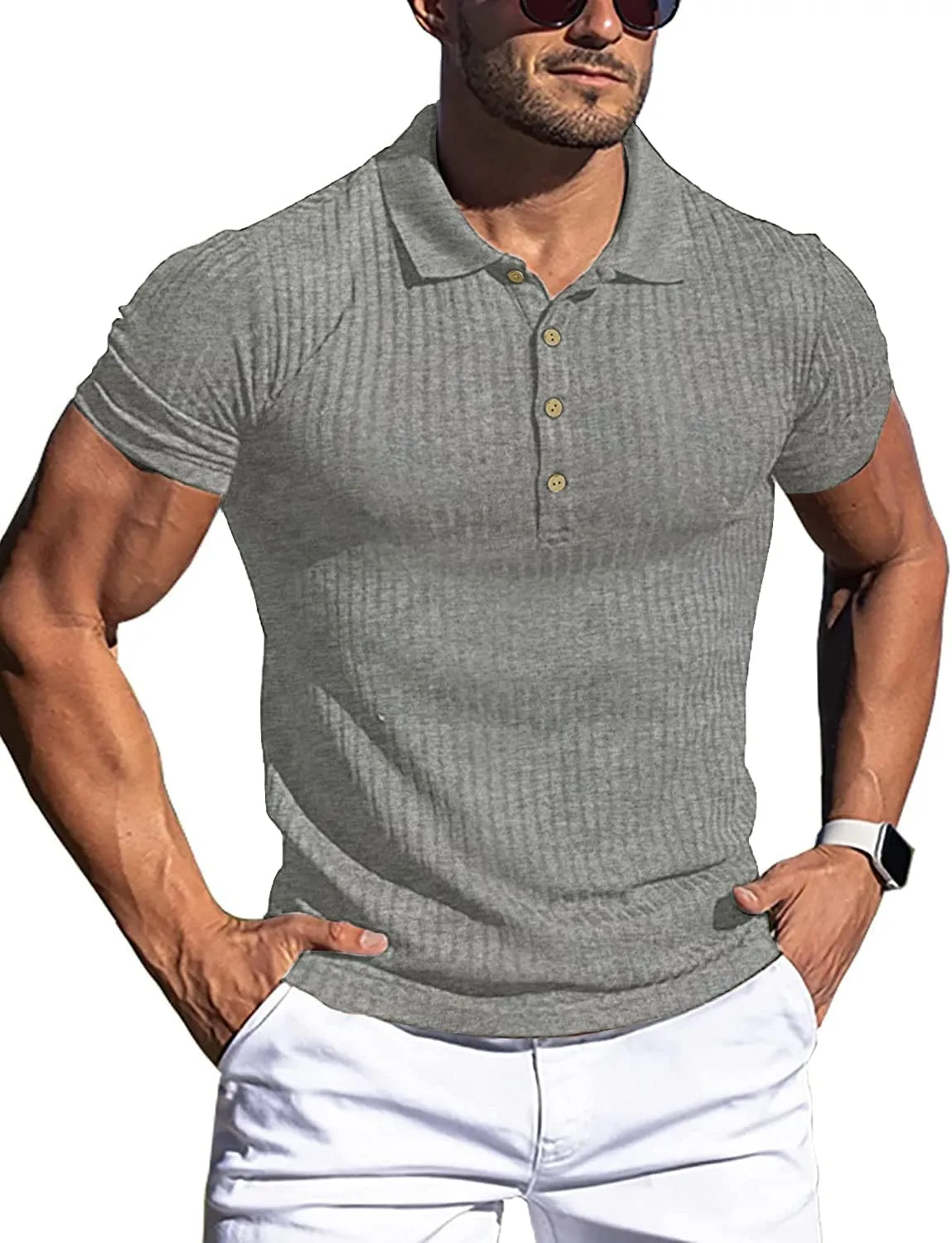 LOGEEYAR Men's Slim Fit Muscle Polo Shirts - Short Sleeve Ribbed Stylish Tees for Casual Everyday Wear