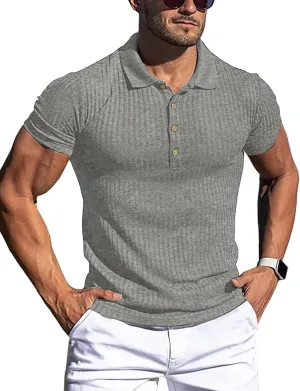 LOGEEYAR Men's Slim Fit Muscle Polo Shirts - Short Sleeve Ribbed Stylish Tees for Casual Everyday Wear