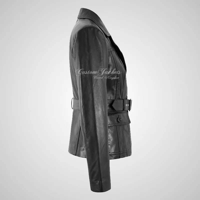 MELINA Ladies Fitted Leather Blazer with Belt Black