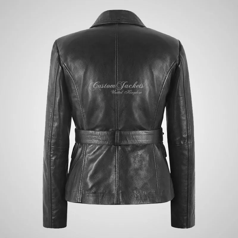 MELINA Ladies Fitted Leather Blazer with Belt Black