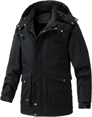 Men's Cargo Jacket 2023 Winter Warm Coats Fleece Lined Jackets with Removable Hood Ski Snow Mountain Windproof Overcoat