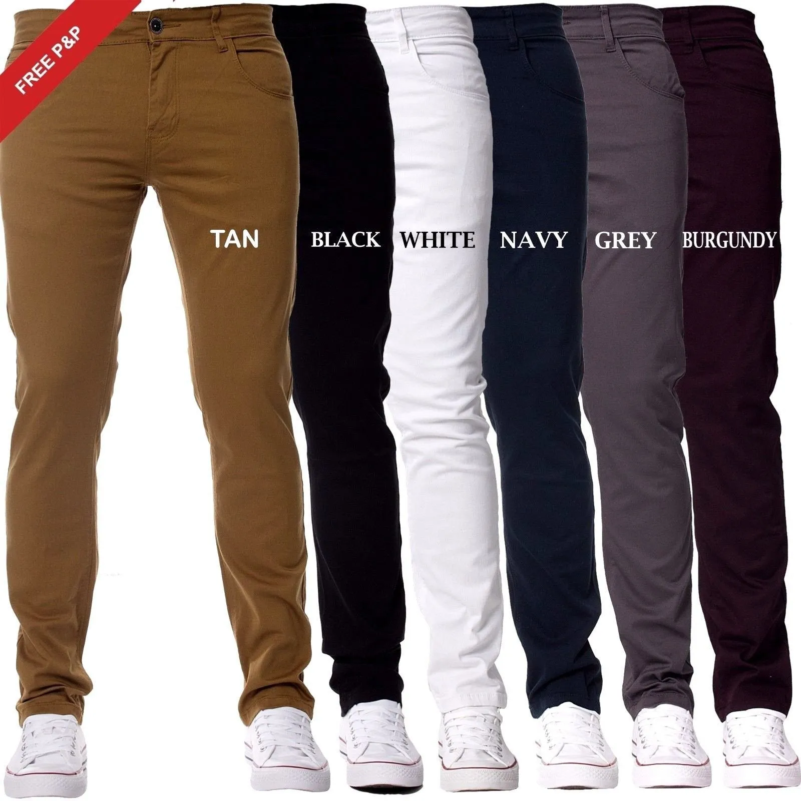 Mens Slim Fit Chinos Stretch Skinny Pants Casual Smart All Waist Jeans
