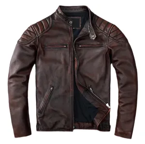 Men's Vintage Brown Real Leather Racer Neck Jacket
