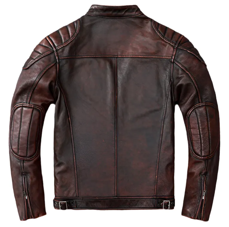 Men's Vintage Brown Real Leather Racer Neck Jacket