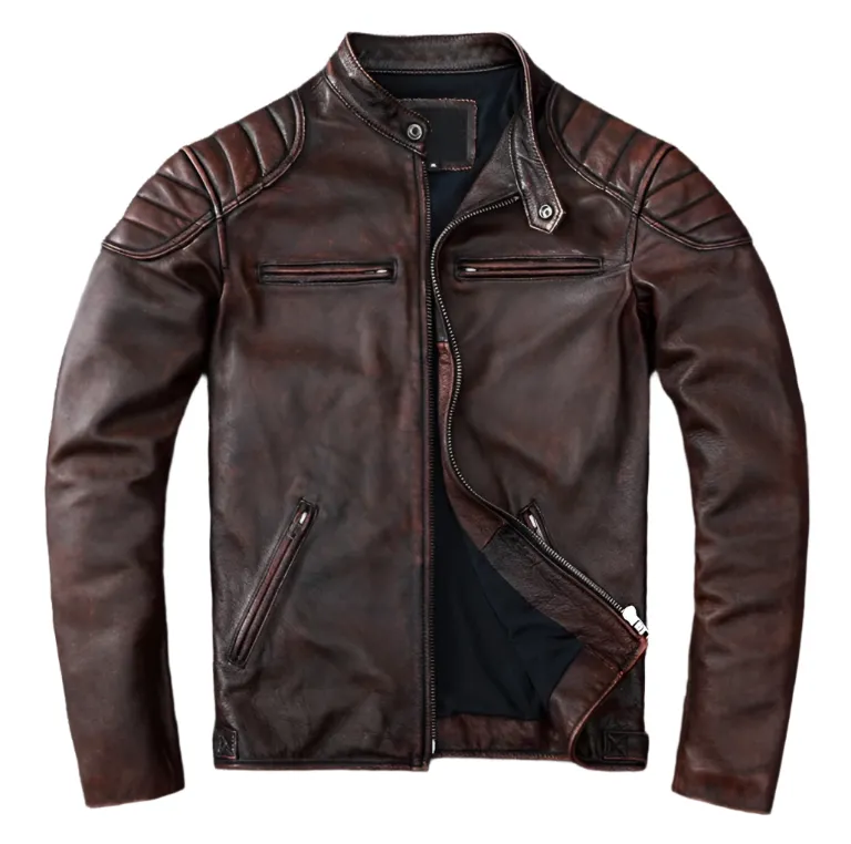Men's Vintage Brown Real Leather Racer Neck Jacket