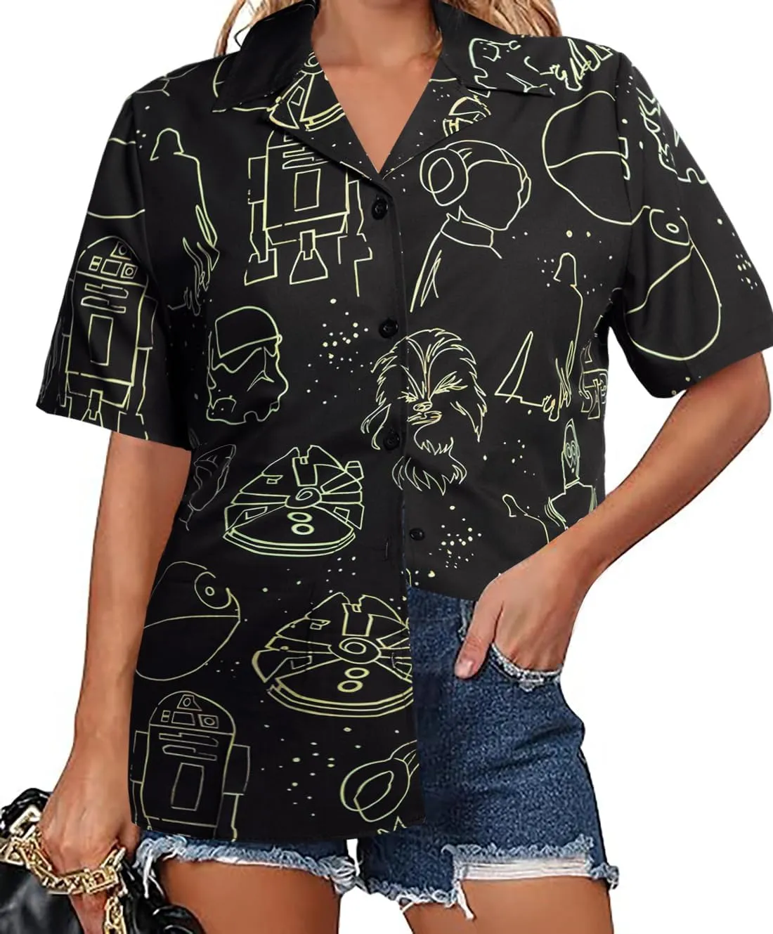 Movie Button Down Shirts Women: Spaceship Hawaii Blouse Oversized Summer Beach Tops Space Battle Movie Lover Gifts Tee