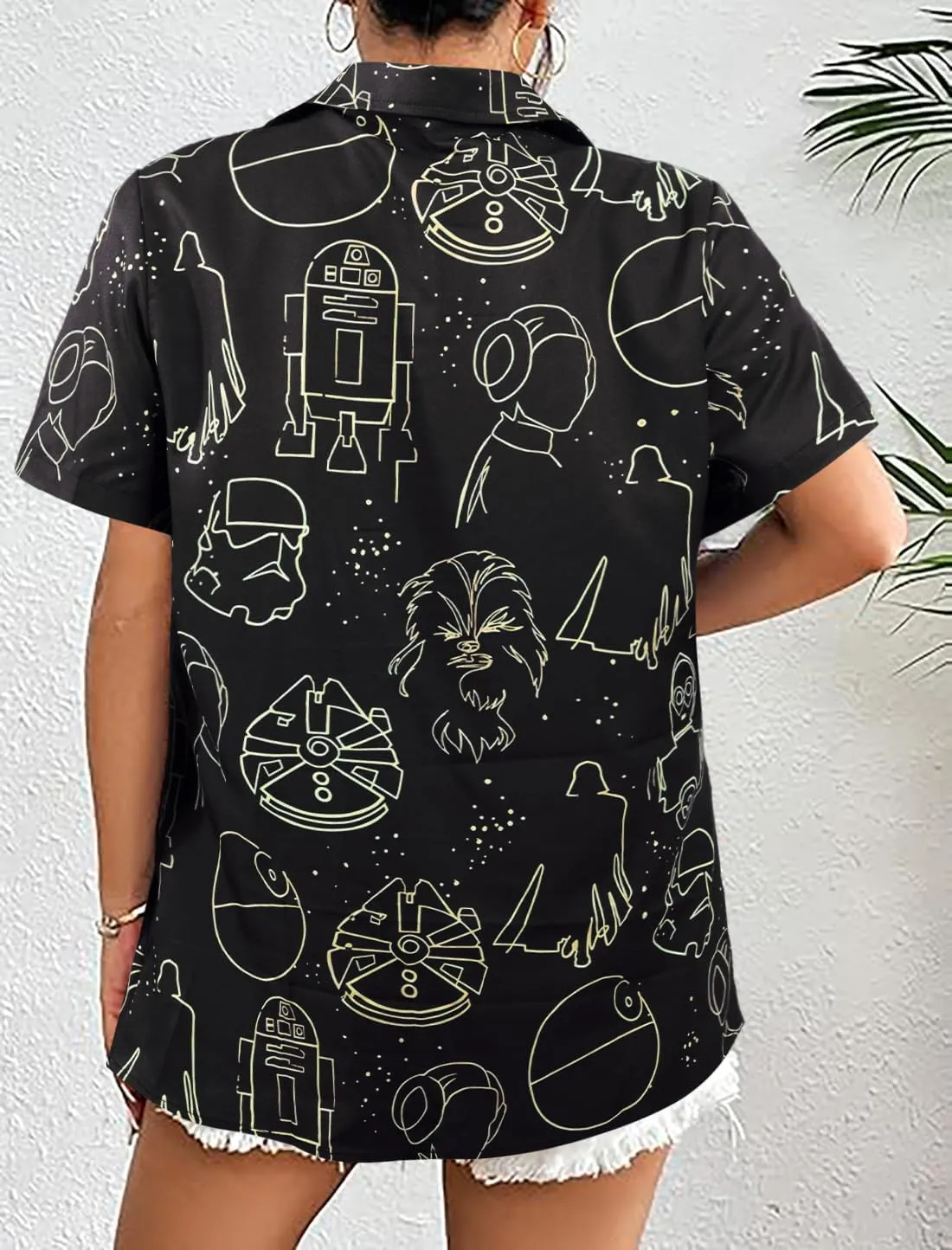 Movie Button Down Shirts Women: Spaceship Hawaii Blouse Oversized Summer Beach Tops Space Battle Movie Lover Gifts Tee