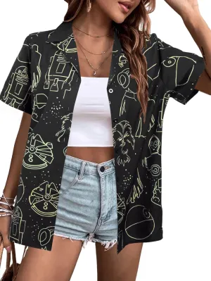 Movie Button Down Shirts Women: Spaceship Hawaii Blouse Oversized Summer Beach Tops Space Battle Movie Lover Gifts Tee