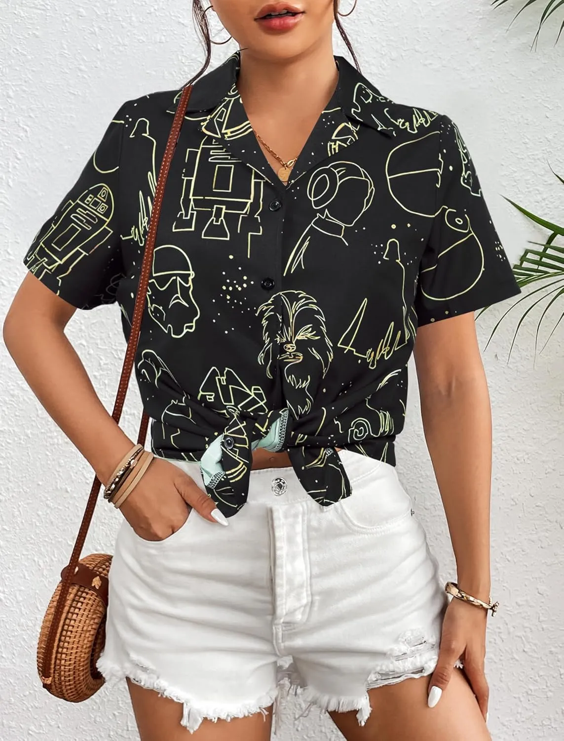 Movie Button Down Shirts Women: Spaceship Hawaii Blouse Oversized Summer Beach Tops Space Battle Movie Lover Gifts Tee
