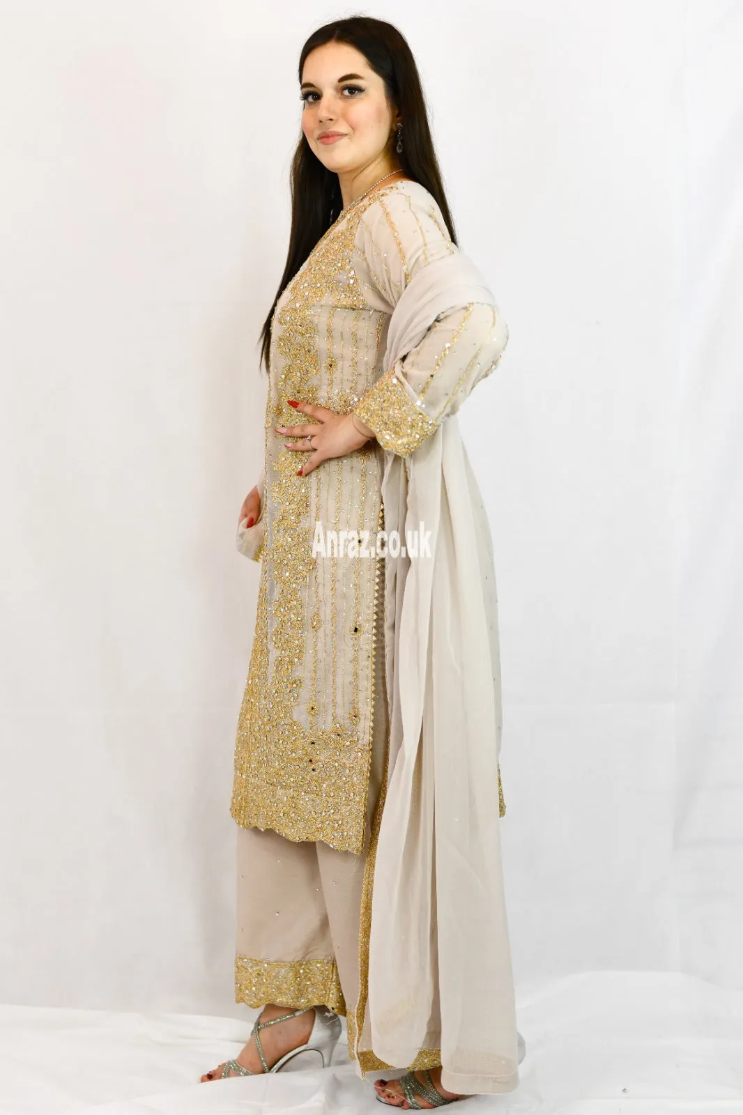 Palazzo Straight cut wide leg Salwar kameez suit | chiffon | Cream