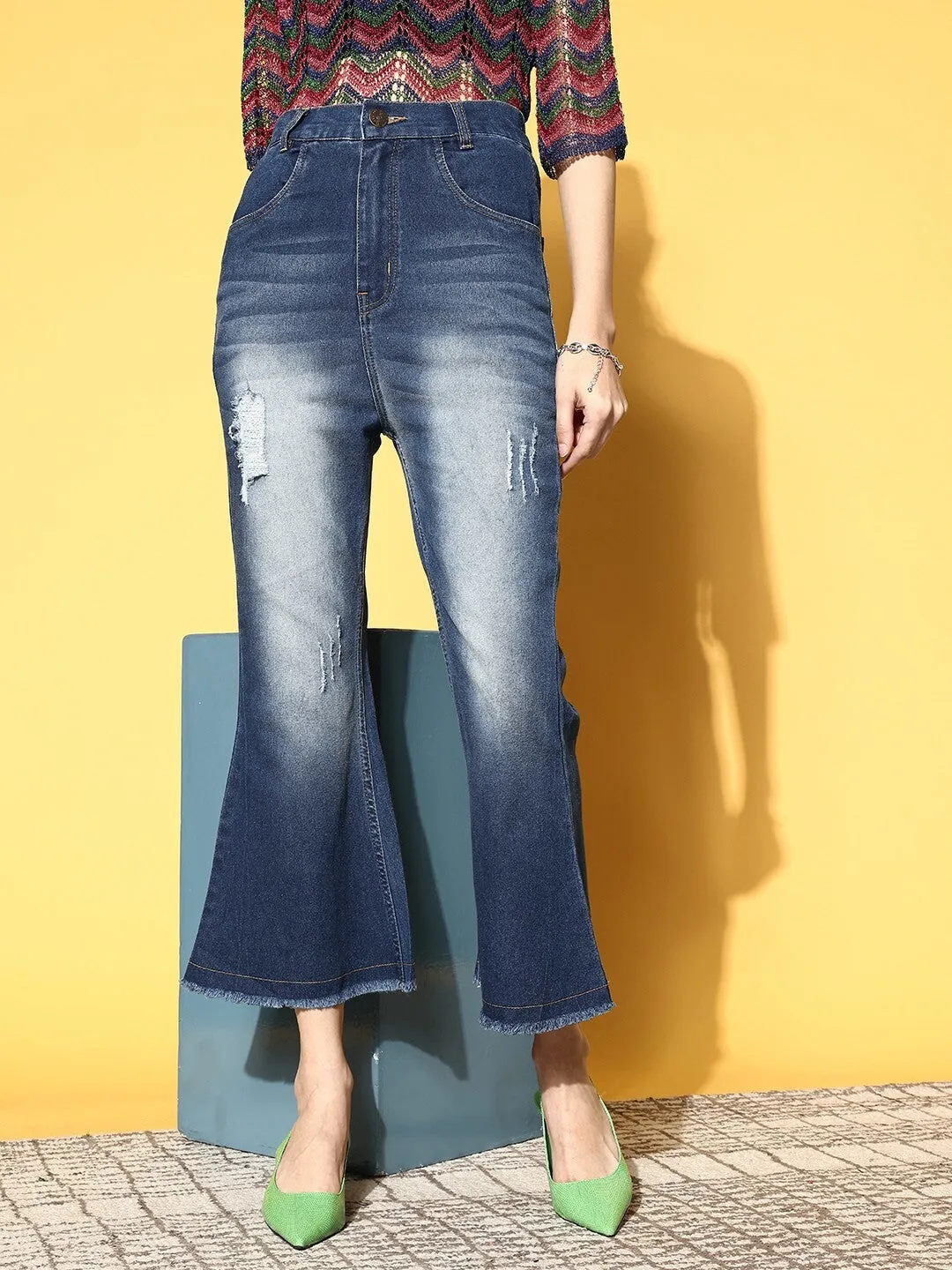 plusS Women Stylish Blue High-Rise Flared Fit Stretchable Jeans