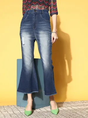 plusS Women Stylish Blue High-Rise Flared Fit Stretchable Jeans