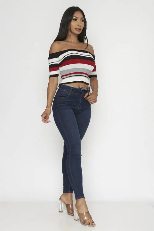 Pretty Stripe Off the shoulders Crop Top (SJL066)