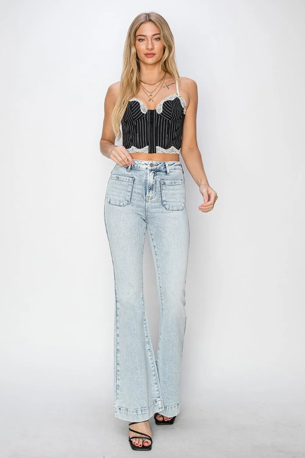 Sanja High Rise Front Patch Pocket Flare Jeans