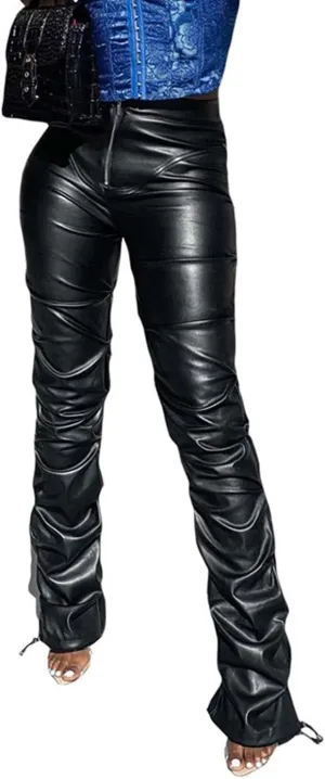 Sumleno High Waist Stacked Pants for Women Faux Leather Ruffle Ruched Leggings Y2k Black Pleated Sexy Aesthetic Streetwear