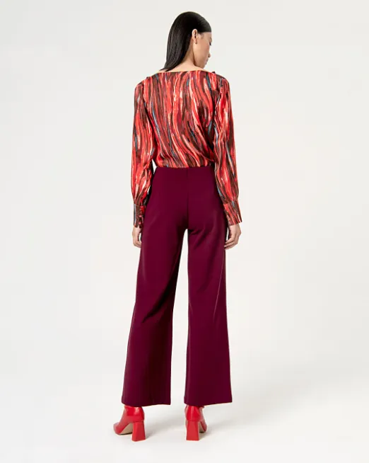 SURKANA<BR>
High Waist Straight Cropped Trousers<BR>
Maroon/Purple<BR>