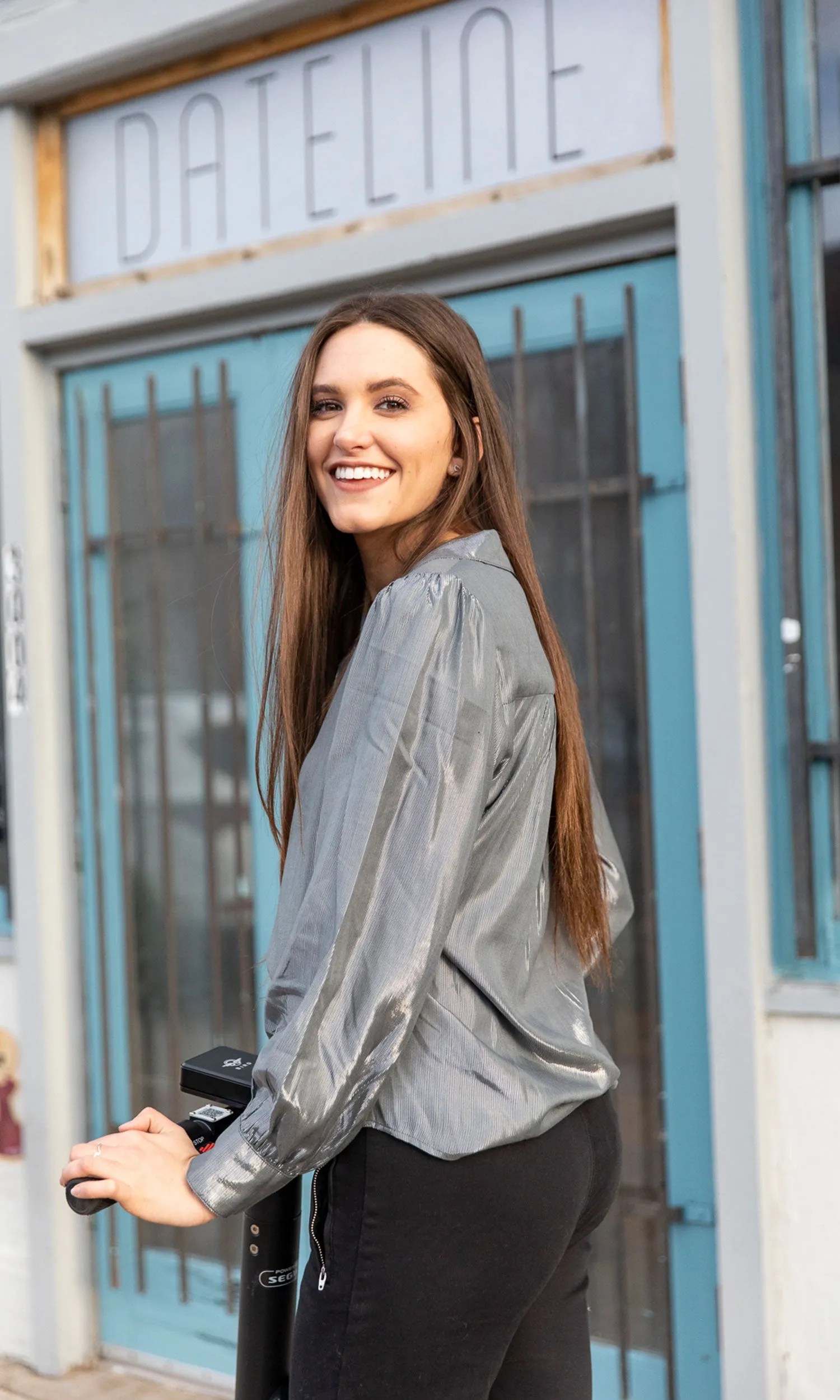 Velvet by Graham & Spencer Dakota Puff Sleeve Lame Button Up Top