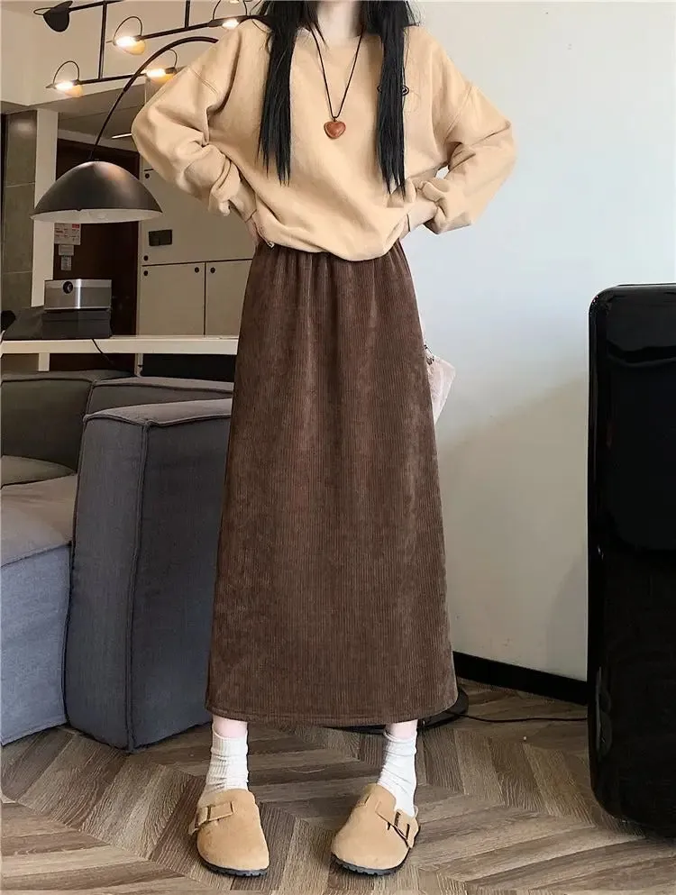 Vintage Elegant Office Lady's A-Line Skirt Back Slit Elastic Waist Thick Women's Skirt New In Winter Fleece Warm Female's Skirt