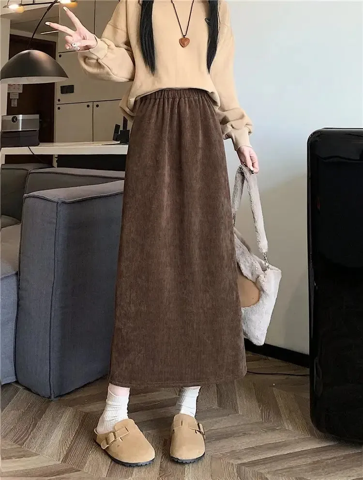 Vintage Elegant Office Lady's A-Line Skirt Back Slit Elastic Waist Thick Women's Skirt New In Winter Fleece Warm Female's Skirt