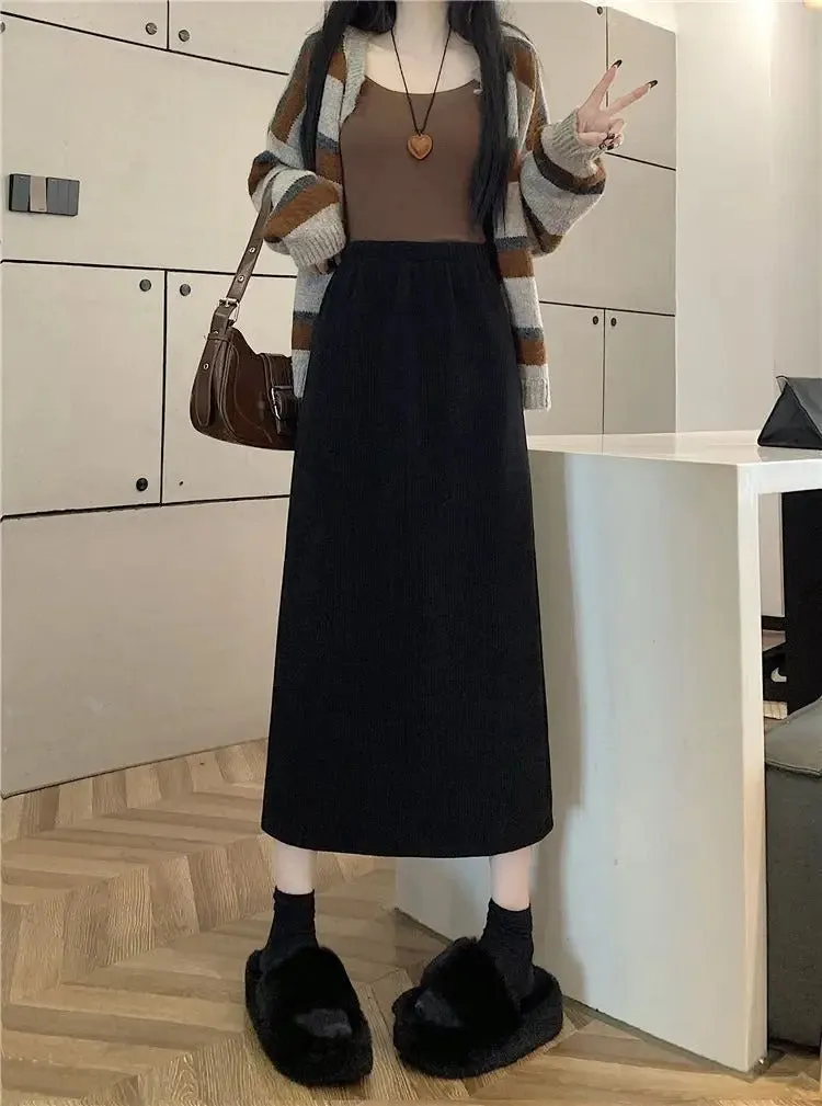 Vintage Elegant Office Lady's A-Line Skirt Back Slit Elastic Waist Thick Women's Skirt New In Winter Fleece Warm Female's Skirt