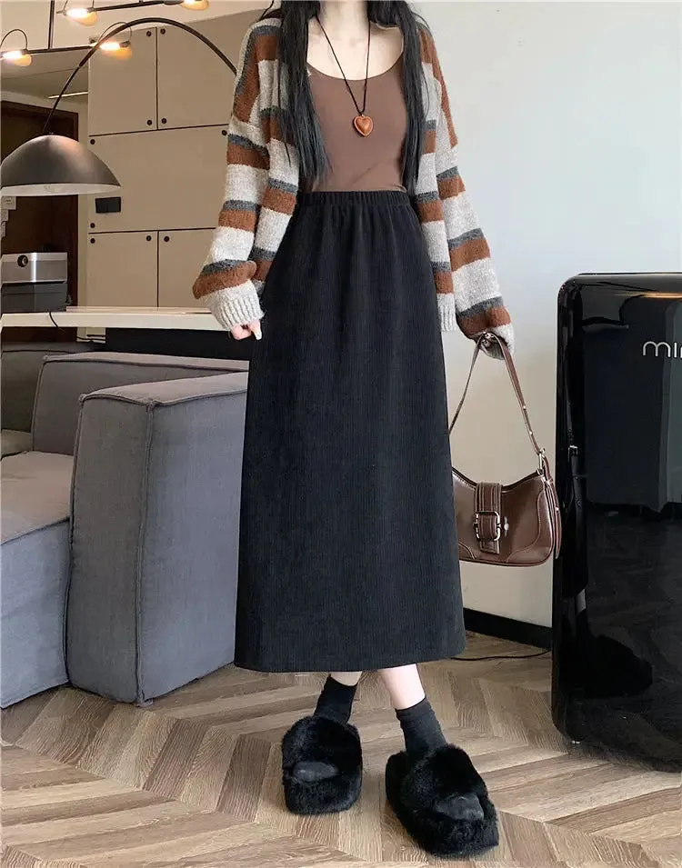 Vintage Elegant Office Lady's A-Line Skirt Back Slit Elastic Waist Thick Women's Skirt New In Winter Fleece Warm Female's Skirt
