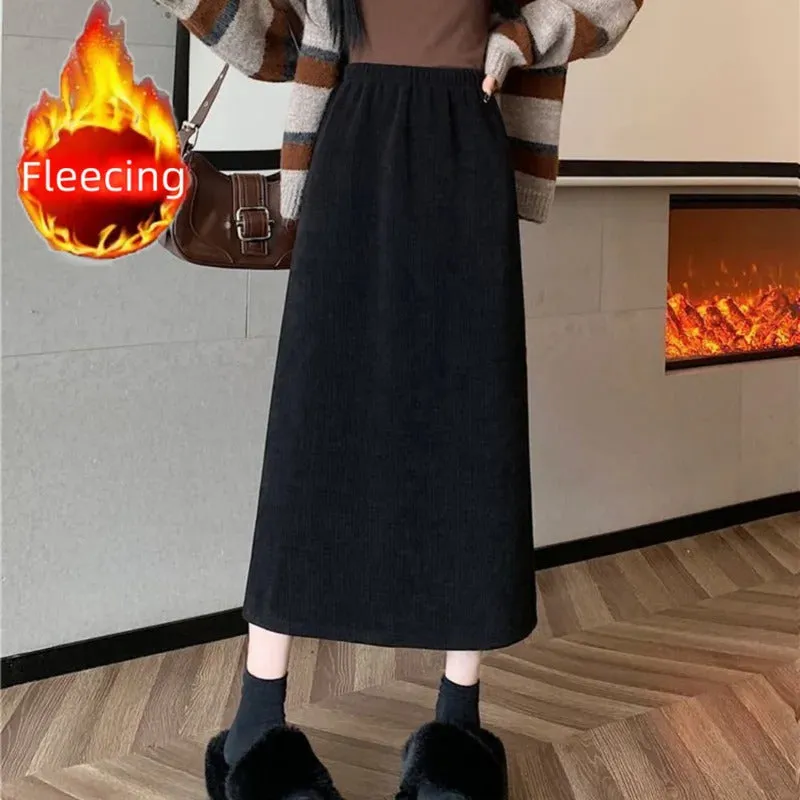 Vintage Elegant Office Lady's A-Line Skirt Back Slit Elastic Waist Thick Women's Skirt New In Winter Fleece Warm Female's Skirt