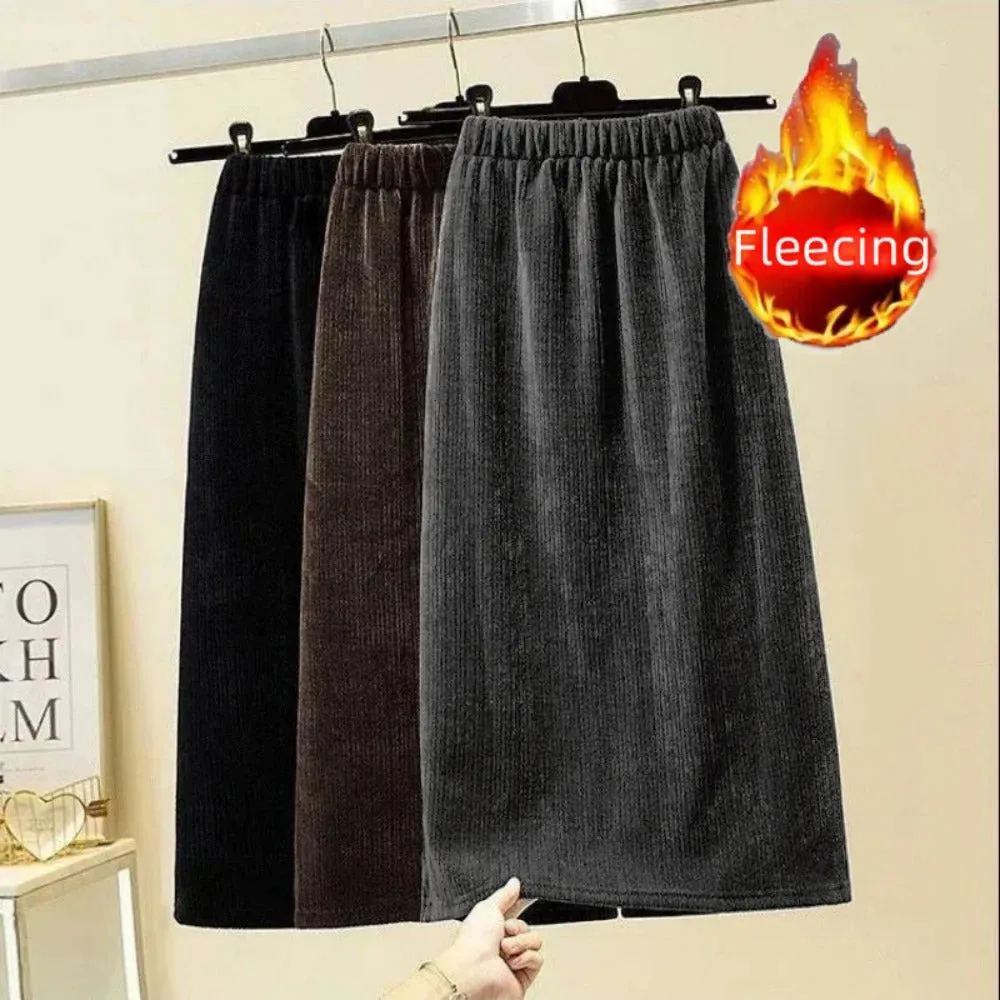 Vintage Elegant Office Lady's A-Line Skirt Back Slit Elastic Waist Thick Women's Skirt New In Winter Fleece Warm Female's Skirt