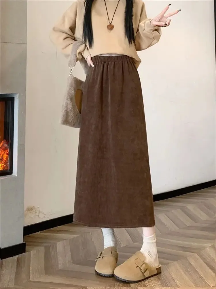 Vintage Elegant Office Lady's A-Line Skirt Back Slit Elastic Waist Thick Women's Skirt New In Winter Fleece Warm Female's Skirt