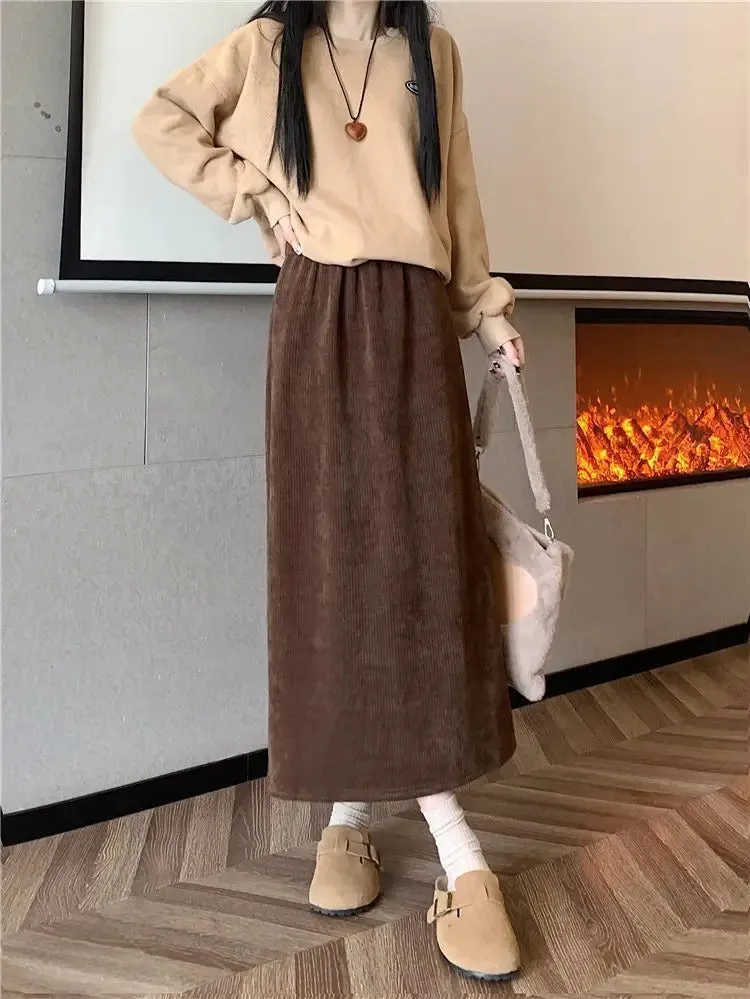 Vintage Elegant Office Lady's A-Line Skirt Back Slit Elastic Waist Thick Women's Skirt New In Winter Fleece Warm Female's Skirt