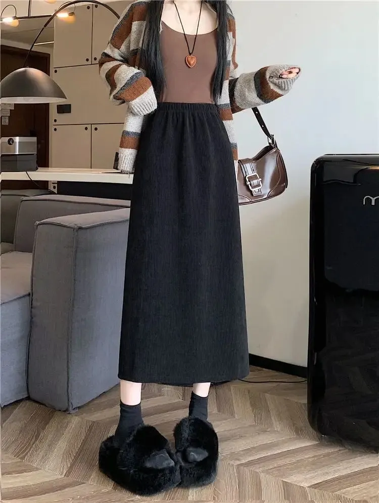 Vintage Elegant Office Lady's A-Line Skirt Back Slit Elastic Waist Thick Women's Skirt New In Winter Fleece Warm Female's Skirt