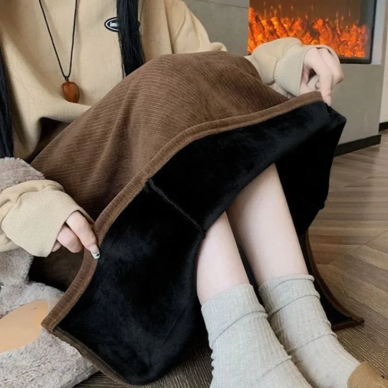 Vintage Elegant Office Lady's A-Line Skirt Back Slit Elastic Waist Thick Women's Skirt New In Winter Fleece Warm Female's Skirt