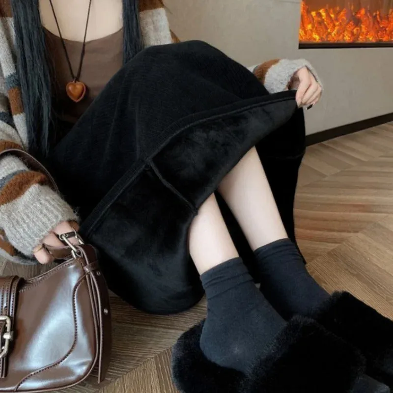 Vintage Elegant Office Lady's A-Line Skirt Back Slit Elastic Waist Thick Women's Skirt New In Winter Fleece Warm Female's Skirt