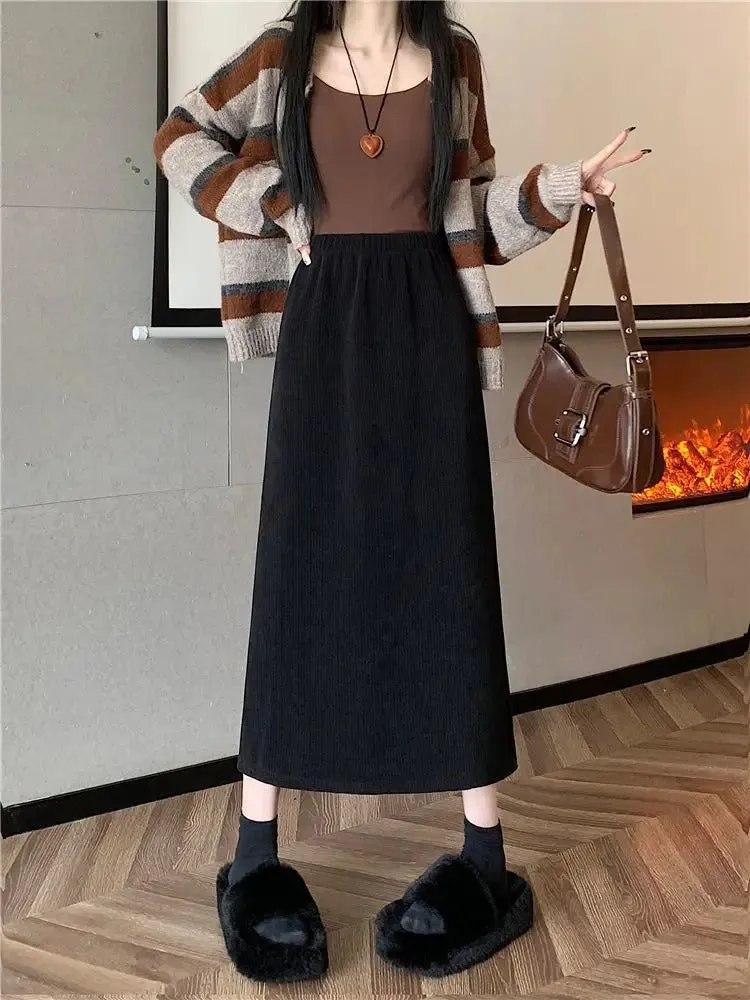 Vintage Elegant Office Lady's A-Line Skirt Back Slit Elastic Waist Thick Women's Skirt New In Winter Fleece Warm Female's Skirt