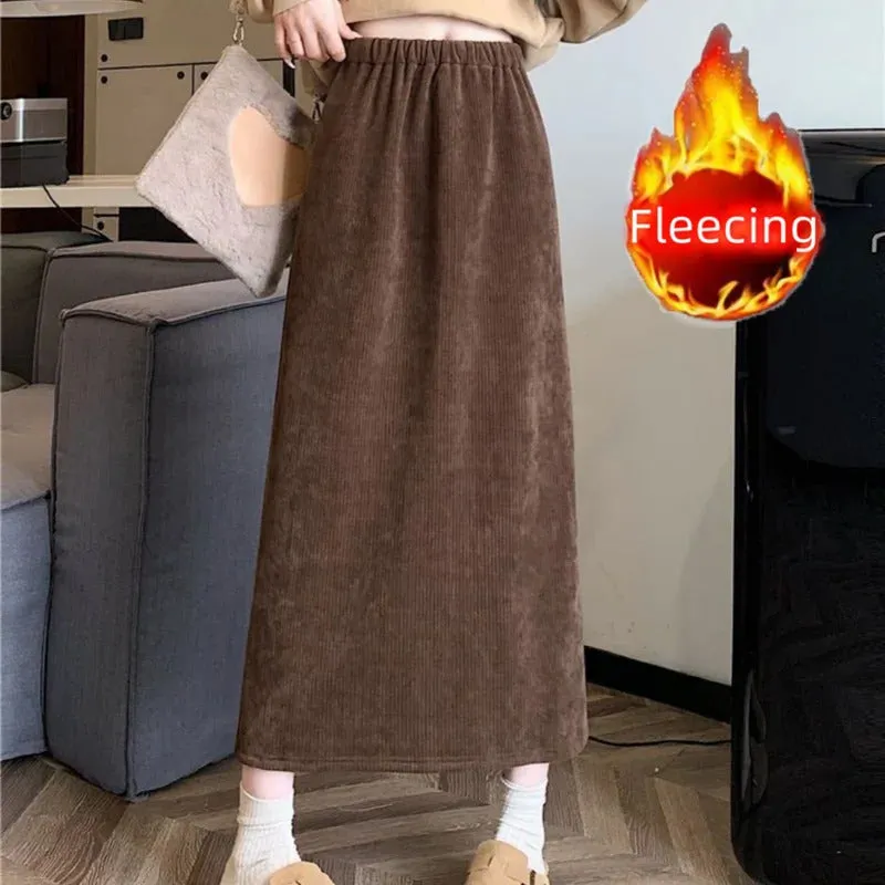 Vintage Elegant Office Lady's A-Line Skirt Back Slit Elastic Waist Thick Women's Skirt New In Winter Fleece Warm Female's Skirt