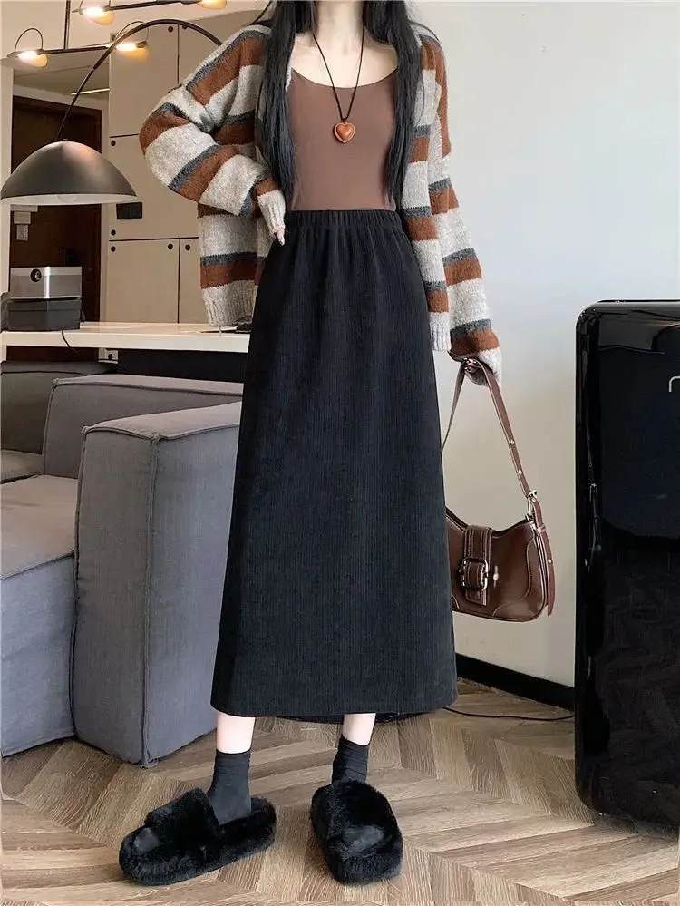 Vintage Elegant Office Lady's A-Line Skirt Back Slit Elastic Waist Thick Women's Skirt New In Winter Fleece Warm Female's Skirt