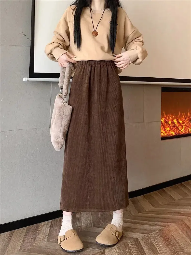 Vintage Elegant Office Lady's A-Line Skirt Back Slit Elastic Waist Thick Women's Skirt New In Winter Fleece Warm Female's Skirt