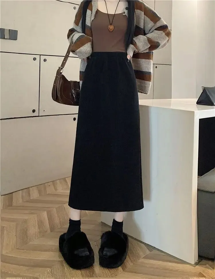 Vintage Elegant Office Lady's A-Line Skirt Back Slit Elastic Waist Thick Women's Skirt New In Winter Fleece Warm Female's Skirt