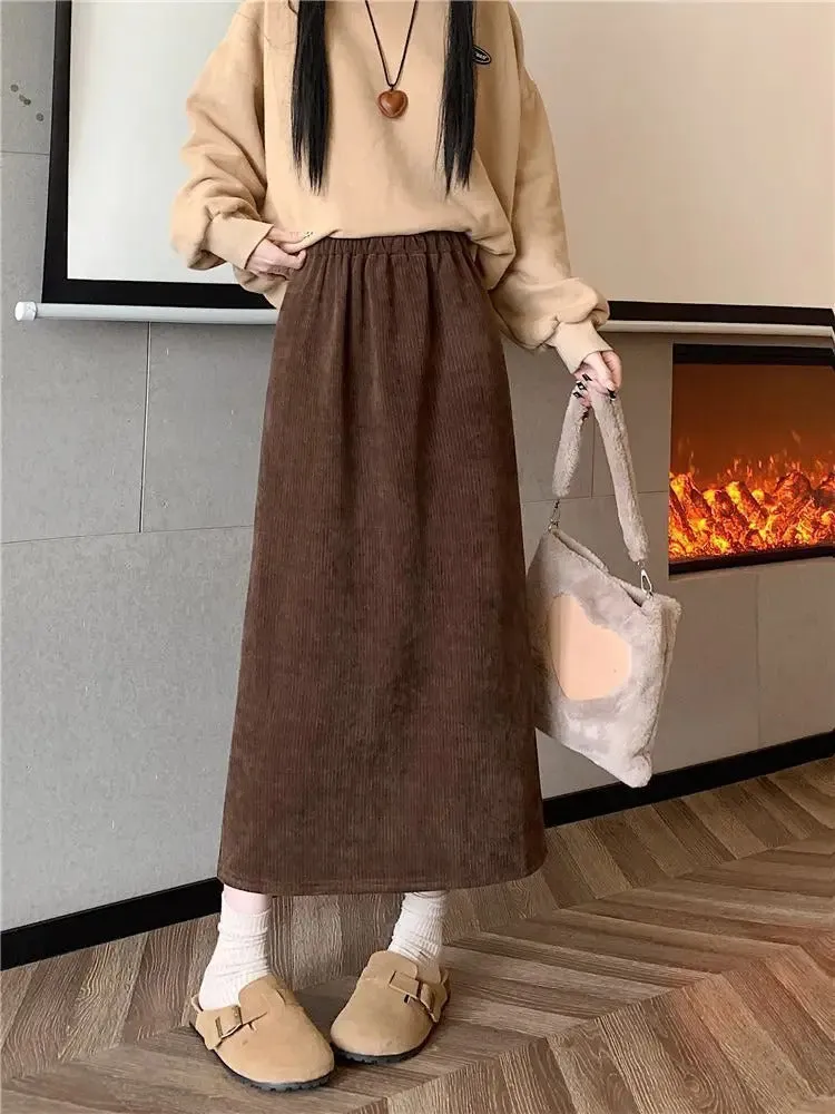 Vintage Elegant Office Lady's A-Line Skirt Back Slit Elastic Waist Thick Women's Skirt New In Winter Fleece Warm Female's Skirt
