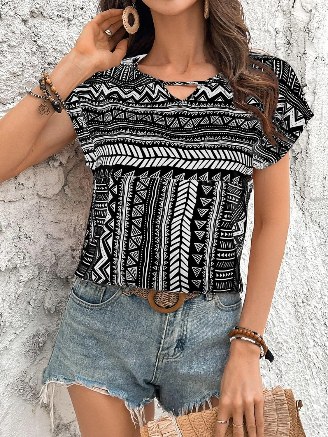 Womens Boho Geometric Pattern Tshirts Summer Cute Crew Neck Ruffle Cap Sleeve Top Casual Loose Fashion Tee Blouses