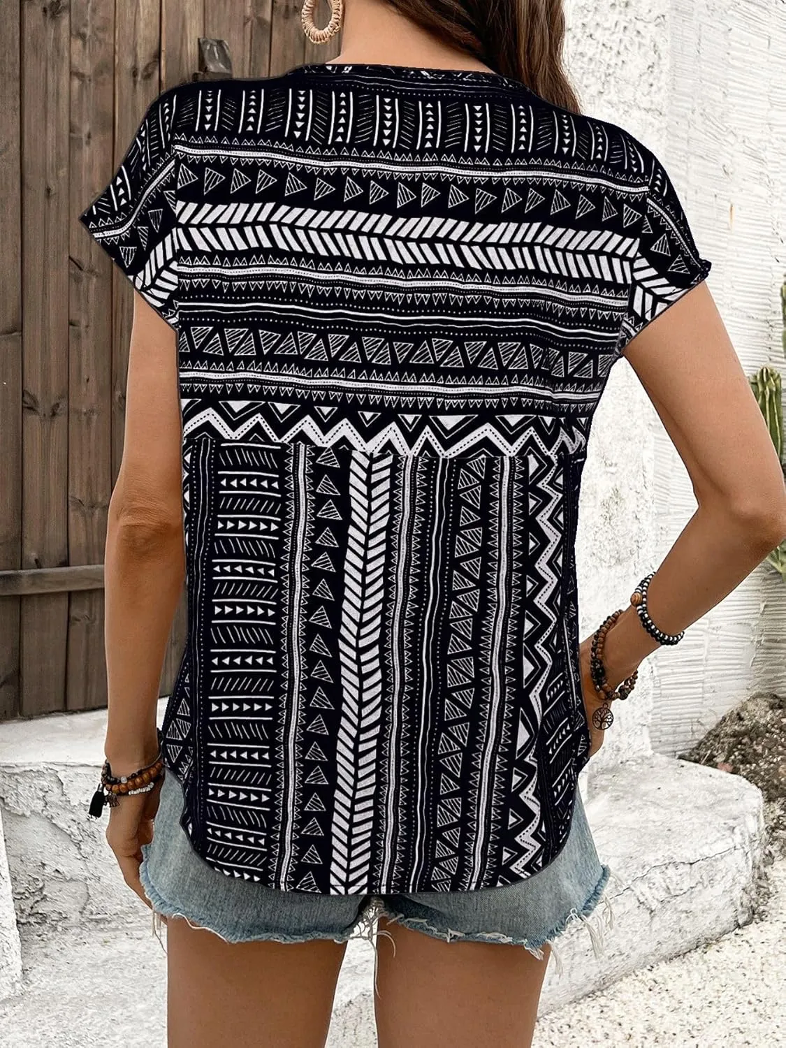 Womens Boho Geometric Pattern Tshirts Summer Cute Crew Neck Ruffle Cap Sleeve Top Casual Loose Fashion Tee Blouses
