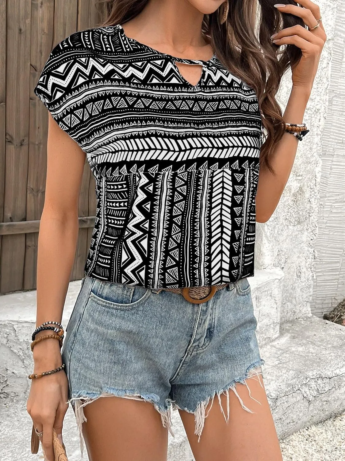 Womens Boho Geometric Pattern Tshirts Summer Cute Crew Neck Ruffle Cap Sleeve Top Casual Loose Fashion Tee Blouses