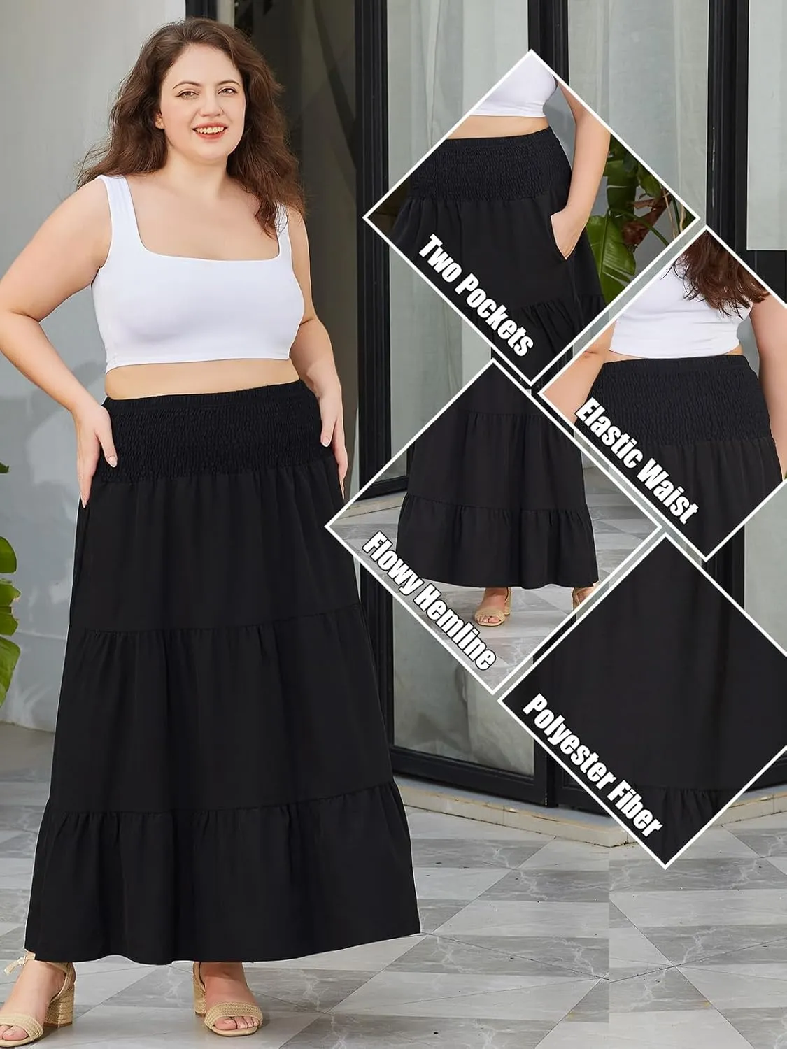 Women's Plus Size Maxi Skirt High Waist Pleated Flowy Floral Long Skirts with Pockets