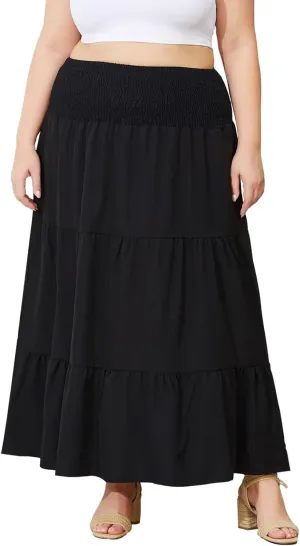 Women's Plus Size Maxi Skirt High Waist Pleated Flowy Floral Long Skirts with Pockets