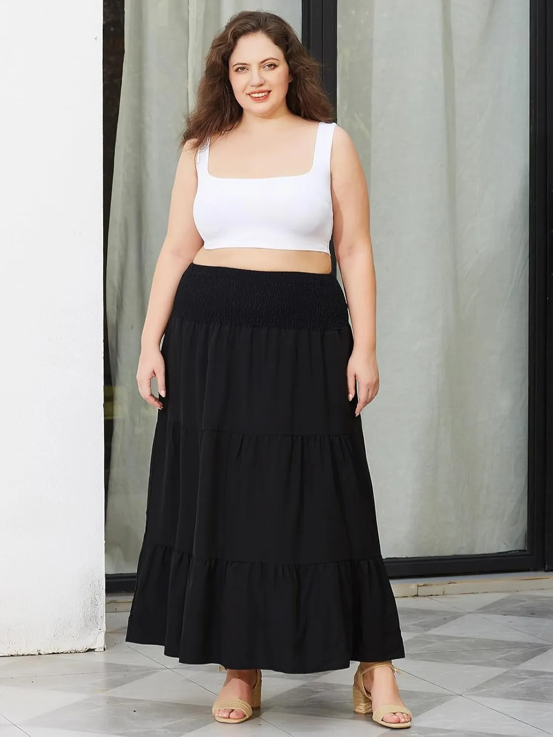 Women's Plus Size Maxi Skirt High Waist Pleated Flowy Floral Long Skirts with Pockets