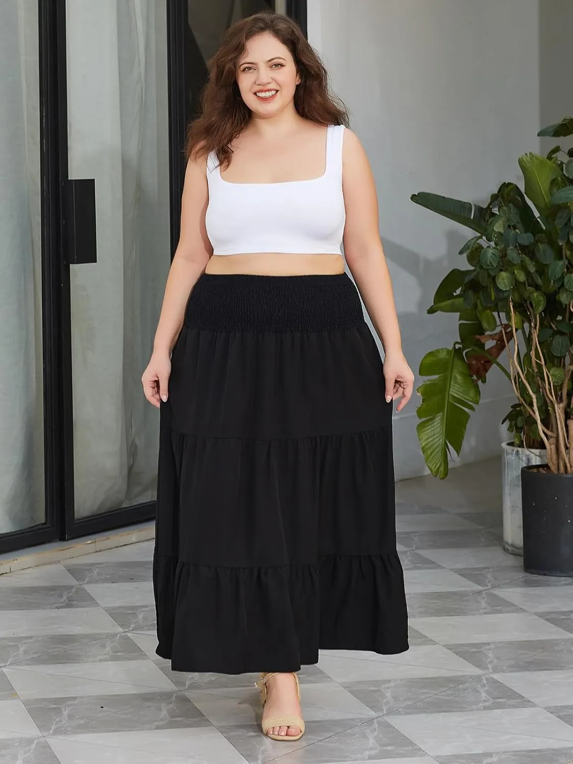 Women's Plus Size Maxi Skirt High Waist Pleated Flowy Floral Long Skirts with Pockets