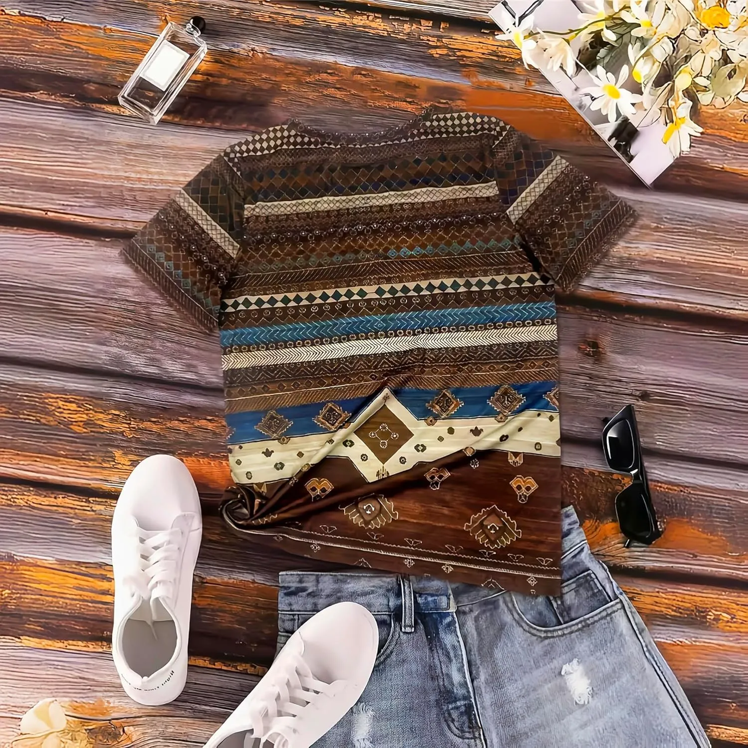 Women's Southwest Tribe Printed T-Shirt Boho Style Casual Round Neck Top Aztec Geometric Bull Head Pattern Shirt