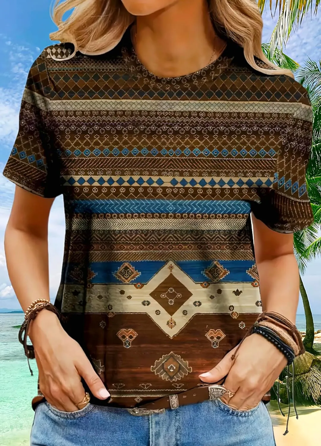 Women's Southwest Tribe Printed T-Shirt Boho Style Casual Round Neck Top Aztec Geometric Bull Head Pattern Shirt